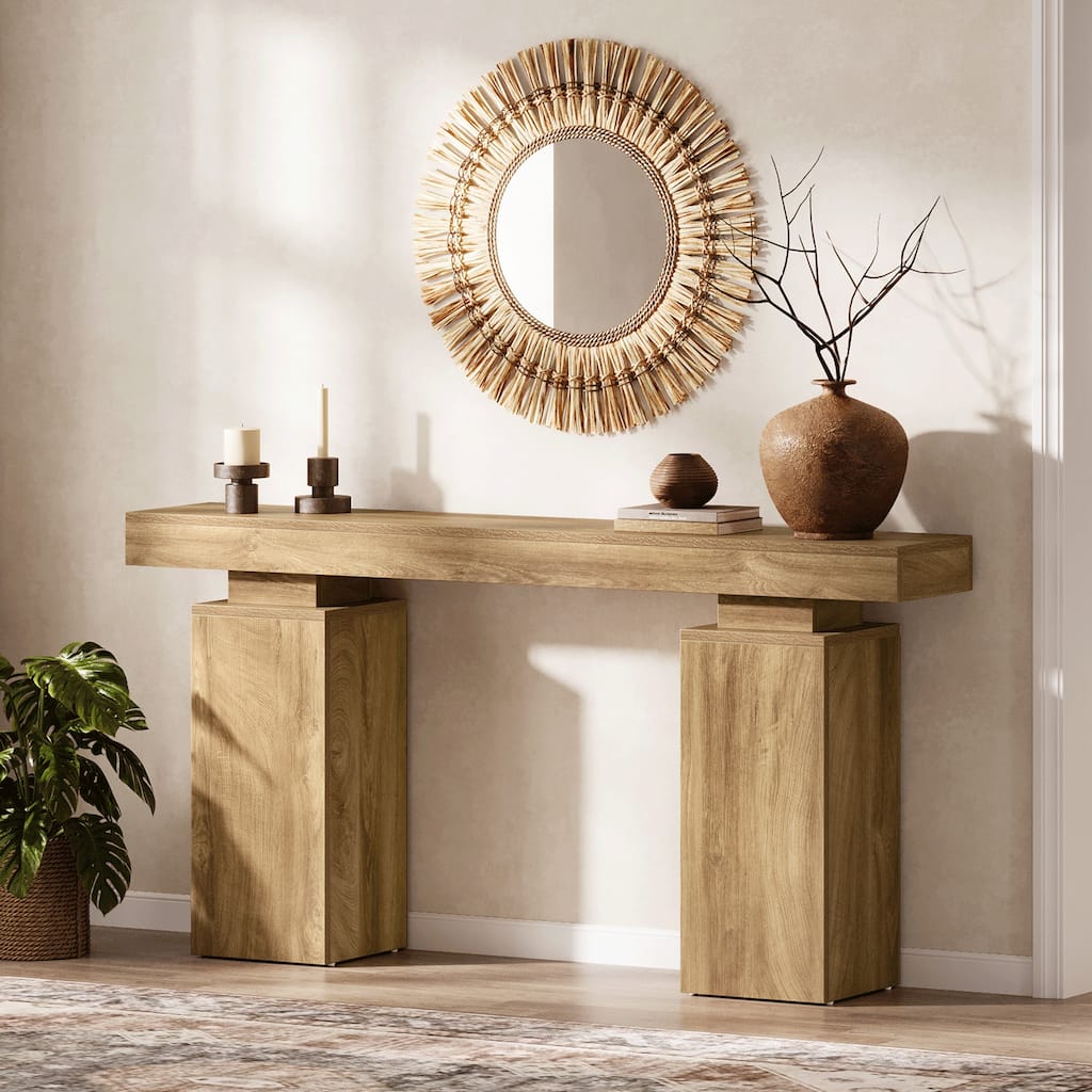 Industrial Farmhouse Console Table with Double Pedestal for Entryway