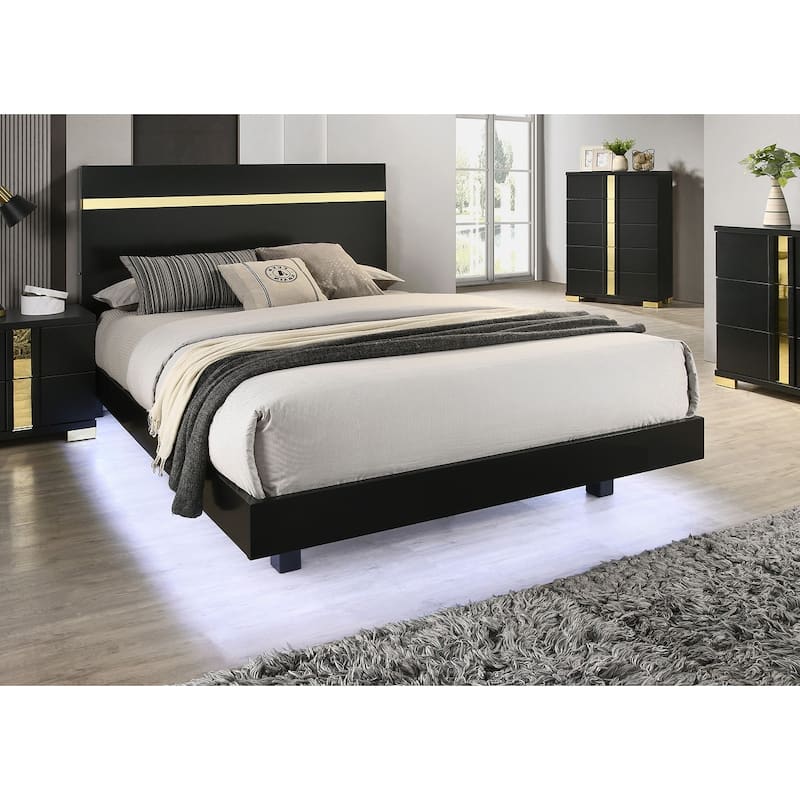 Queen Size Engineered Wood LED Platform Bed with Underbed Lighting and Acrylic Trim - Black