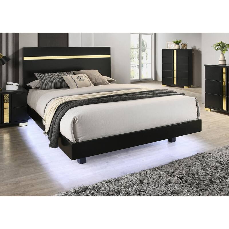 Queen Size Modern Bed Frame with Underbed LED, Acrylic Trim, and Dust Proof Cases - Black