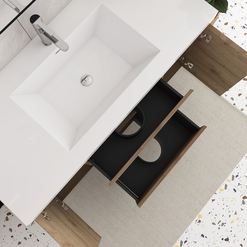 Angela Wall Mounted Bathroom Vanity in F. Oak with White Cultured Marble Top