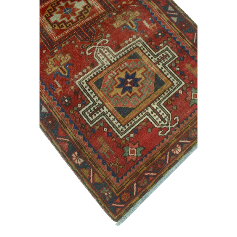 Fine Vintage Distressed Sandy Red/Navy Runner - 3'5" x 10'7"