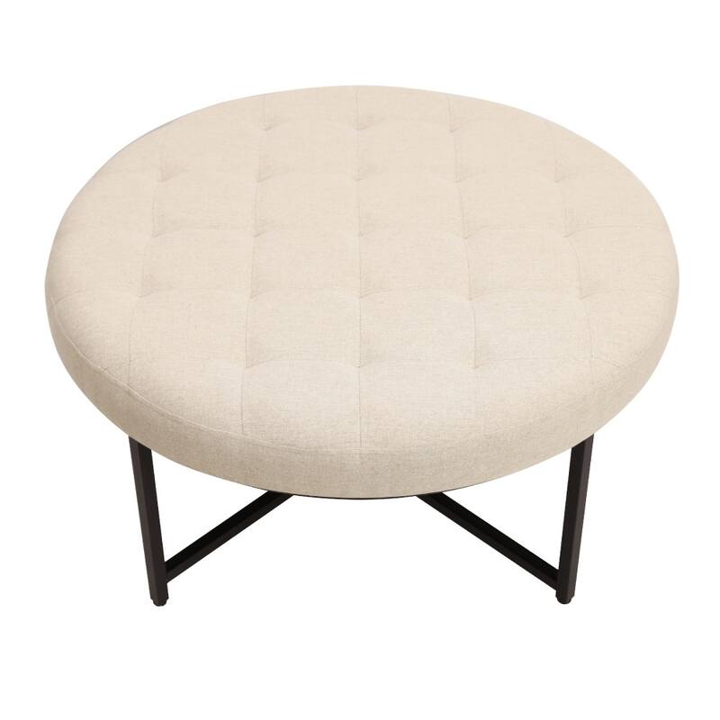 Round Cotton Linen Tufted Ottoman with Metal Frame