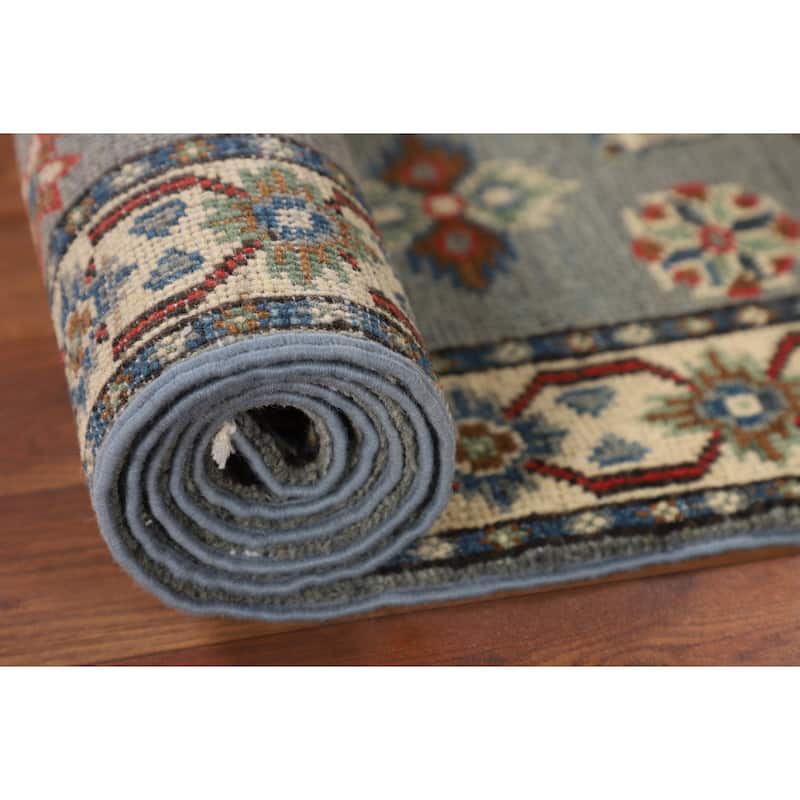 Gray Geometric Kazak Oriental Runner Rug Hand-Knotted Wool Carpet - 2'2" x 6'0"