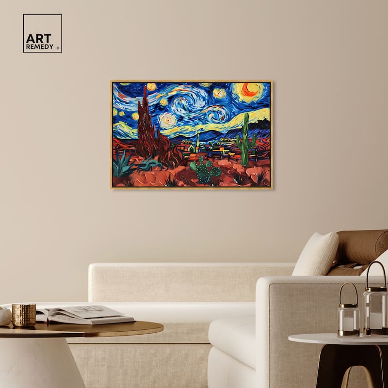 Art Remedy Desert Night Stars Framed Impressionism 1 Piece Canvas Wall Art /Monet And Van Gogh Inspired Art