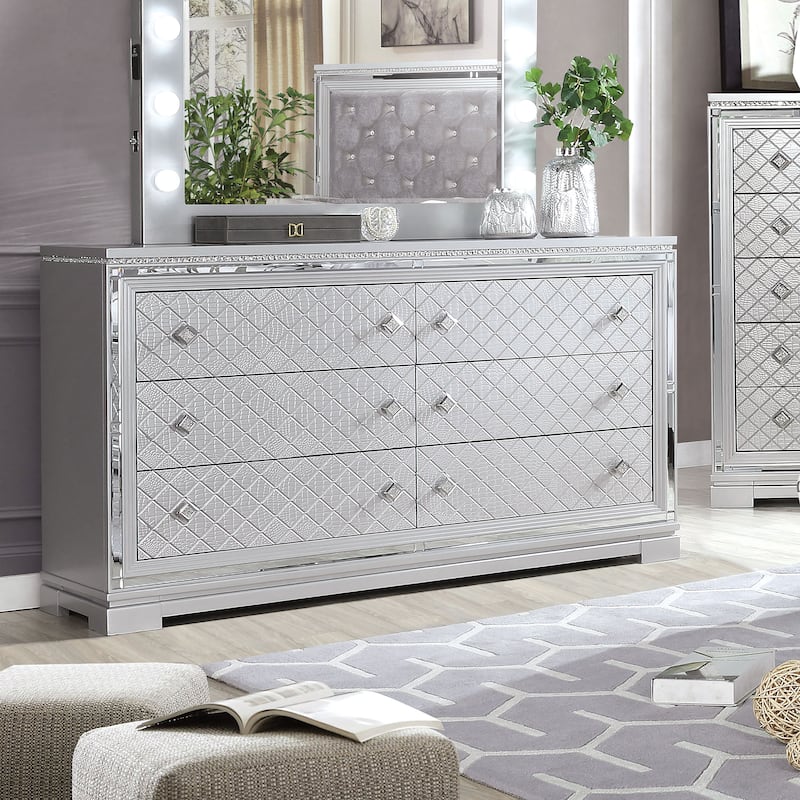 Seleena Glam Silver 62-inch Wide 6-Drawer Solid Wood Dresser by Furniture of America - Silver