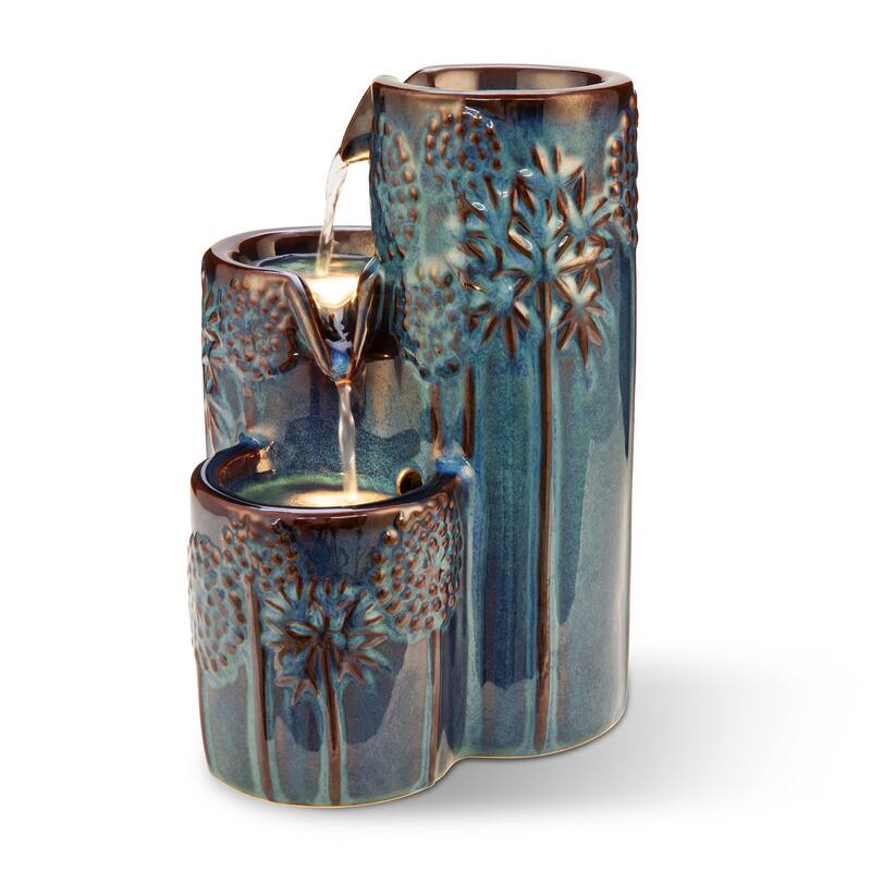 Glitzhome 10"H 3-Tier Turquoise Ceramic Tabletop Fountain with Pump and LED Light
