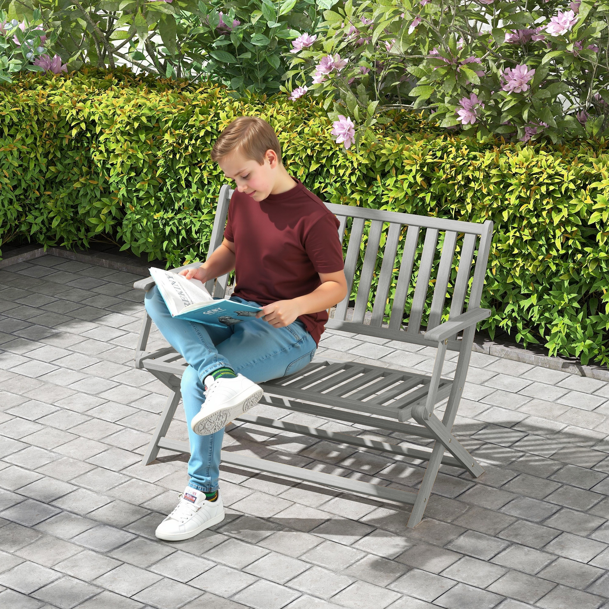 Outsunny Wood Outdoor Bench, 2-Person Foldable Patio Acacia Wood Garden Bench with Backrest and Armrests