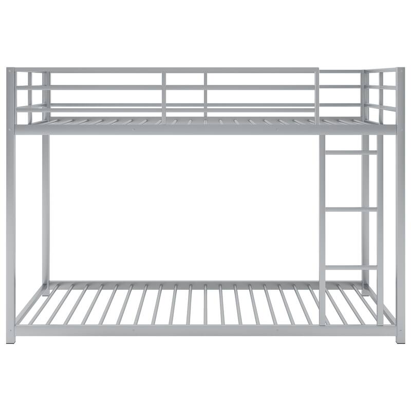 Twin/Full Size Metal Low Bunk Bed, Heavy Duty Steel Bunk Bed Frame with Built In Ladder and Guardrail