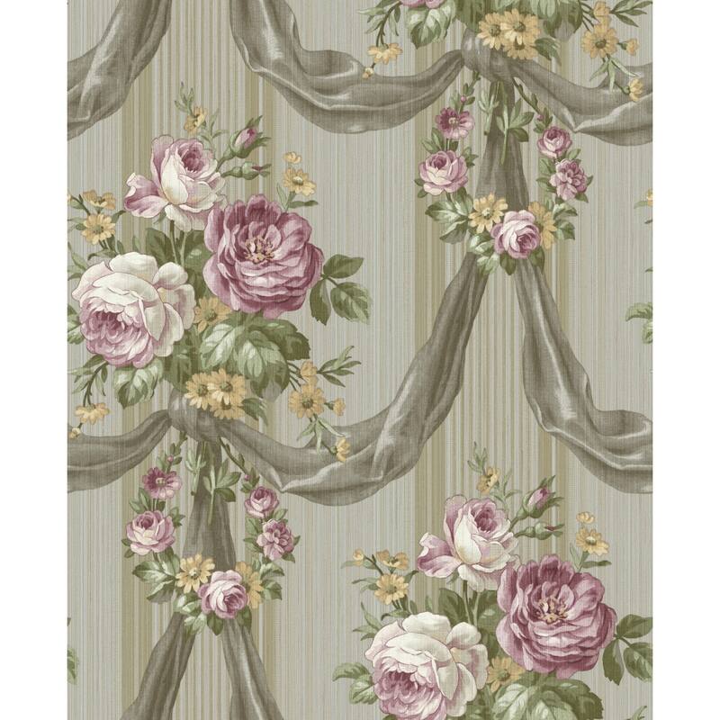 Seabrook Designs Velma Blooming Draped Bouquet Unpasted Wallpaper - 20.5 in. W x 33 ft. L - Metallic Grey & Grape
