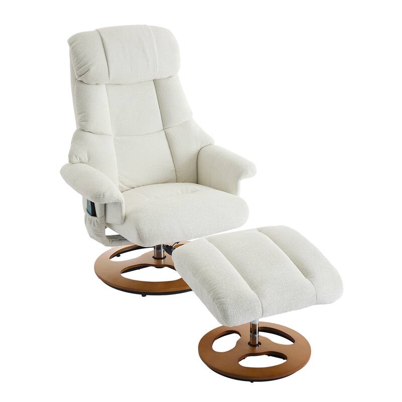 Recliner Chair with Ottoman, 360° Swivel Lounge Chair with Footstool, Chenille Fabric, Seat Heating & 140° Adjustable Backrest