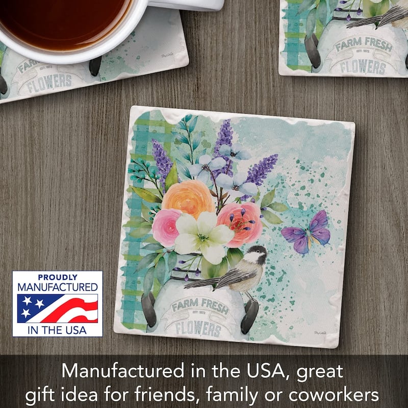 CounterArt Farm Fresh Flowers Absorbent Stone Tumbled Tile Coaster Set of 4 Made in The USA Protective Cork Backing