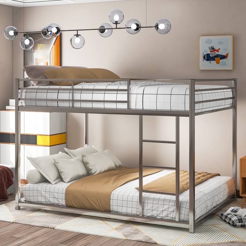 Metal Bunk Bed, Low Bunk Bed with Ladder - Full over Full - Silver