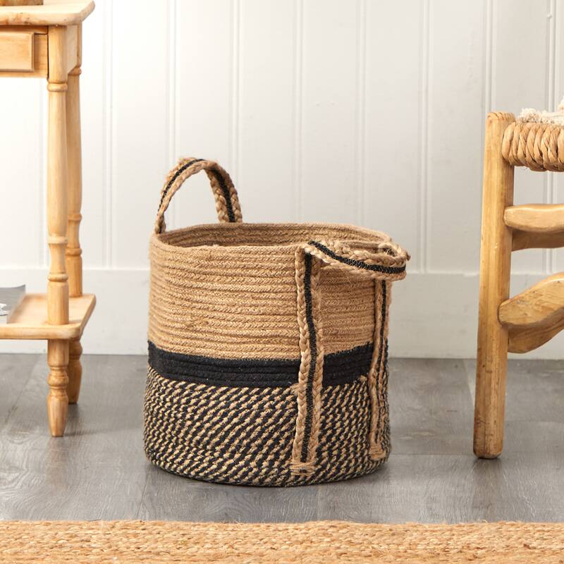 13" Boho Chic Basket Natural Jute Basket, Black Bottom Natural Top - 8'6" x 13'