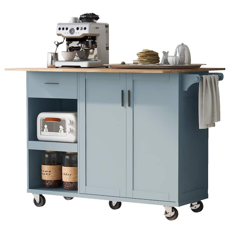 Kitchen Island with Foldable Counter Top, Kitchen Storage cart with Slide-Out Shelf, Towel Rack and Drawer