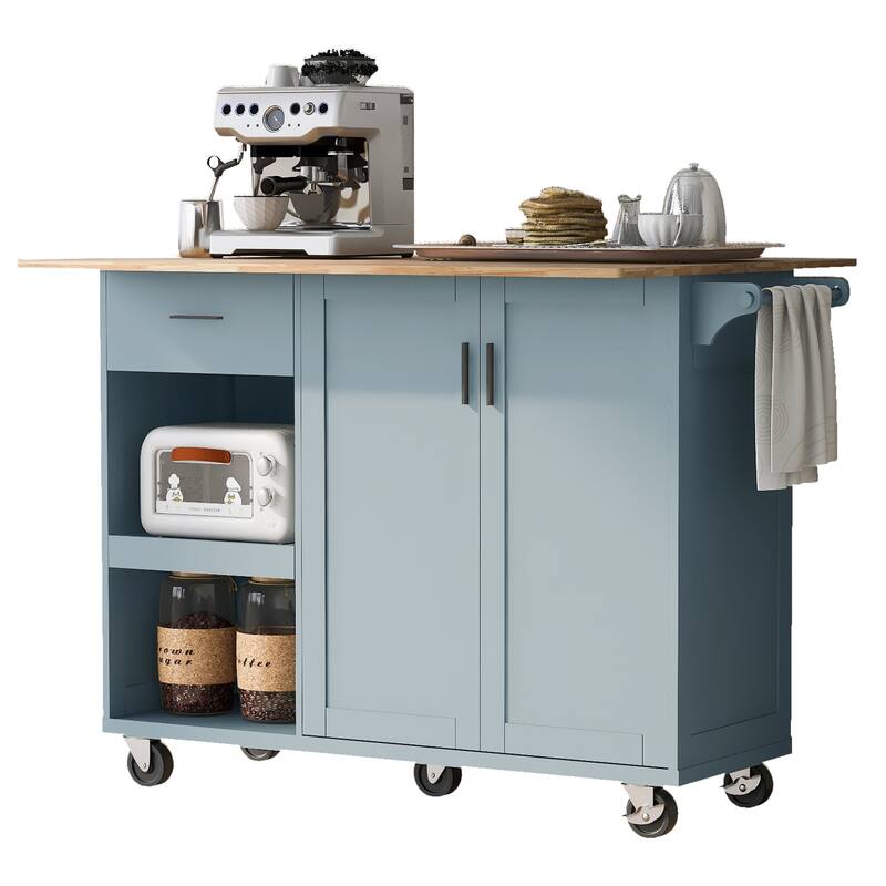 Space-Saving Kitchen Island with Foldable Countertop, Rolling Cart on Wheels, Towel Rack, Drawer & Slide-Out Shelf