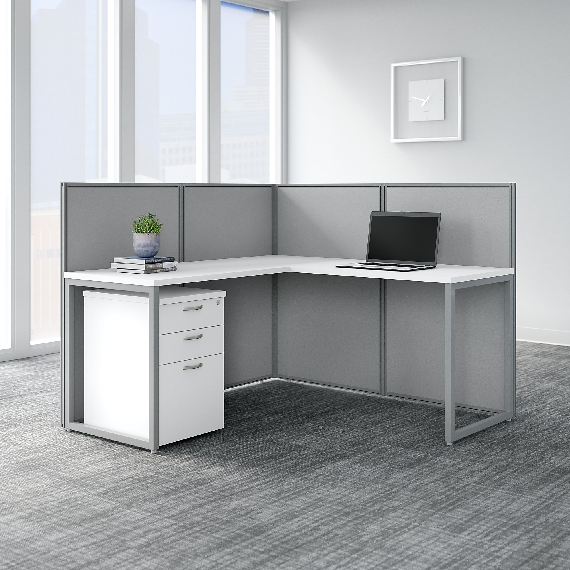 Easy Office 60W L Shaped Cubicle Desk Set by Bush Business White Large
