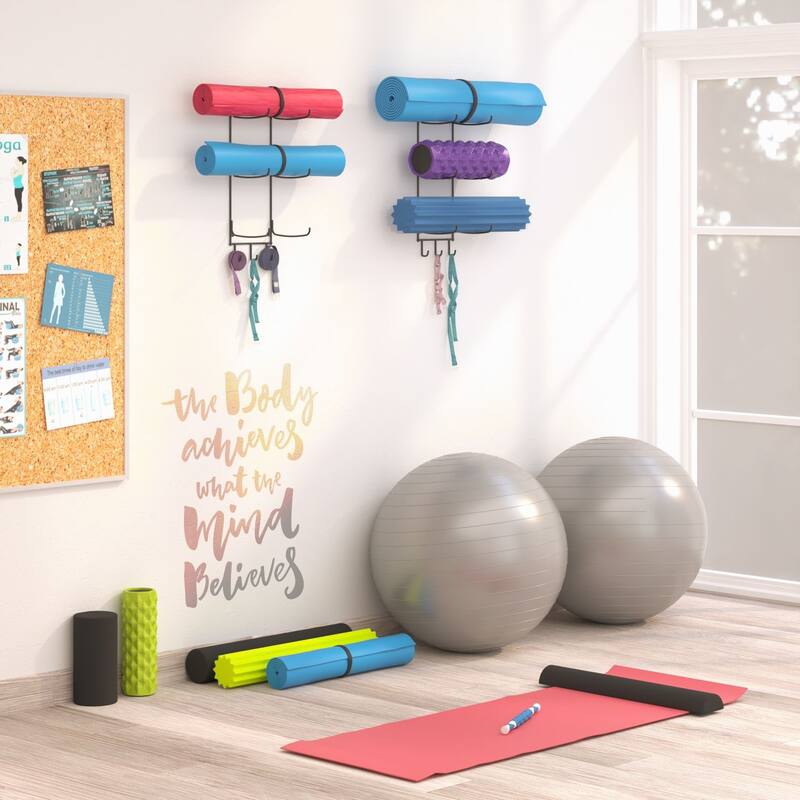 Wall Mount Yoga Mat Holder and Foam Roller Rack with 3 Hanging Hooks for Yoga Straps, Set of 2