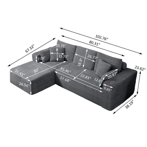 dimension image slide 3 of 4, 102.76" Corduroy Cloudy L Shaped Sofa with Headrests