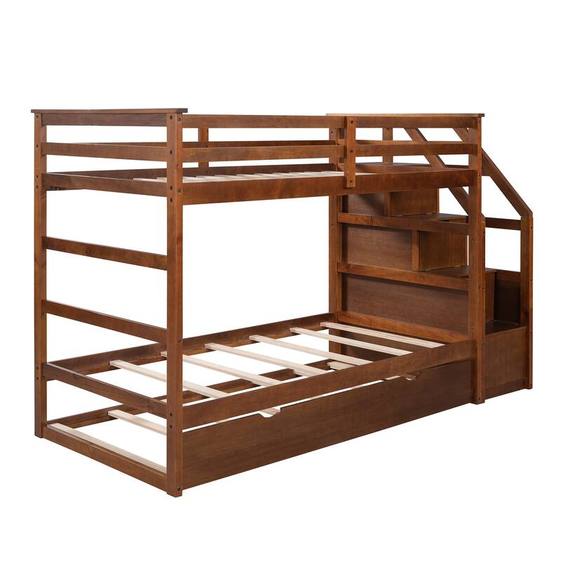Kids Twin Ove Twin Bunk Bed with Pull-Out Trundle and 3 Storage Stairs, Safety Guardrails and Armrest