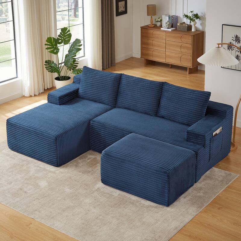 Corduroy Upholstery Cloud Modular Sectional Sofa with Chaise and Pillows, All-Foam Compression Design