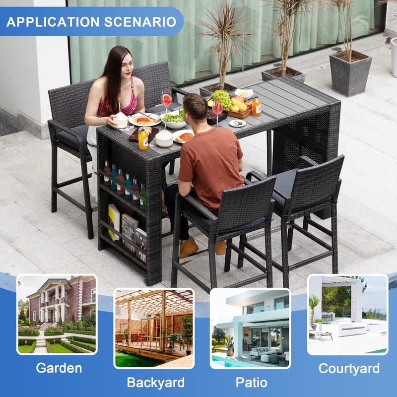 FINCATI Outdoor Oversized PE Wicker Bar Height Table and Chairs, Luxury Comfy Indoor Rectangular Bar Set for Four/ Six Persons