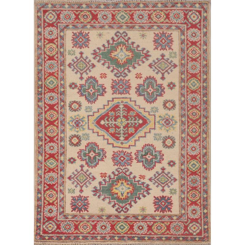 Geometric Kazak Oriental Foyer Rug Hand-Knotted Wool Carpet - 2'9" x 3'10"