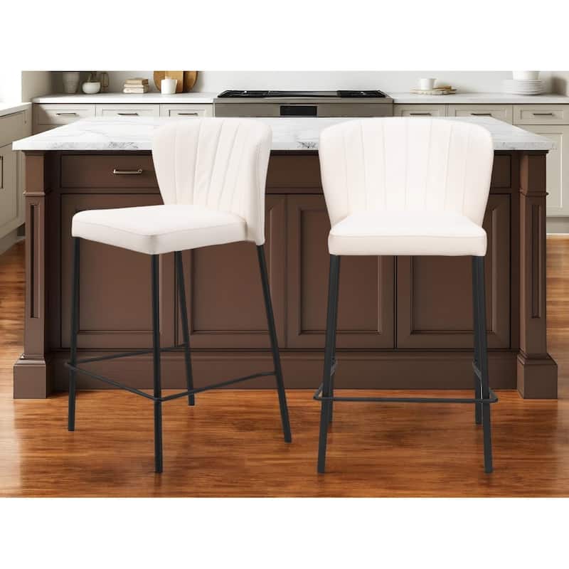 Set of Two 26" Cream And Black Faux Leather And Steel Counter Height Bar Chairs - Cream