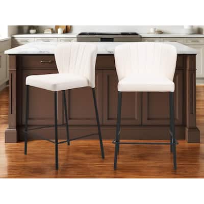 Set of Two 26" Cream And Black Faux Leather And Steel Counter Height Bar Chairs