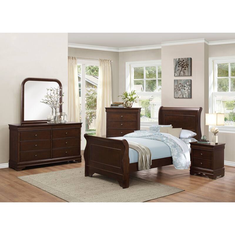 Twin Size Sleigh Bed in Dark Cherry Finish with Headboard and Footboard