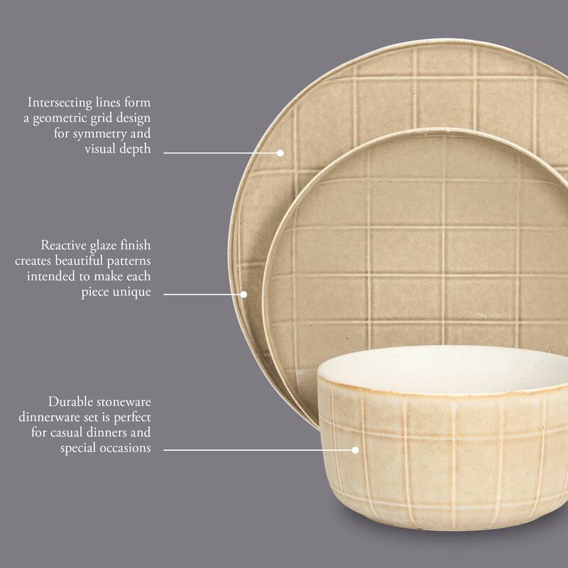 Gisbon Elite Butterwick 12 Piece Plates and Bowls Stoneware Dinnerware Set - Reactive Glaze Patterned Dishes