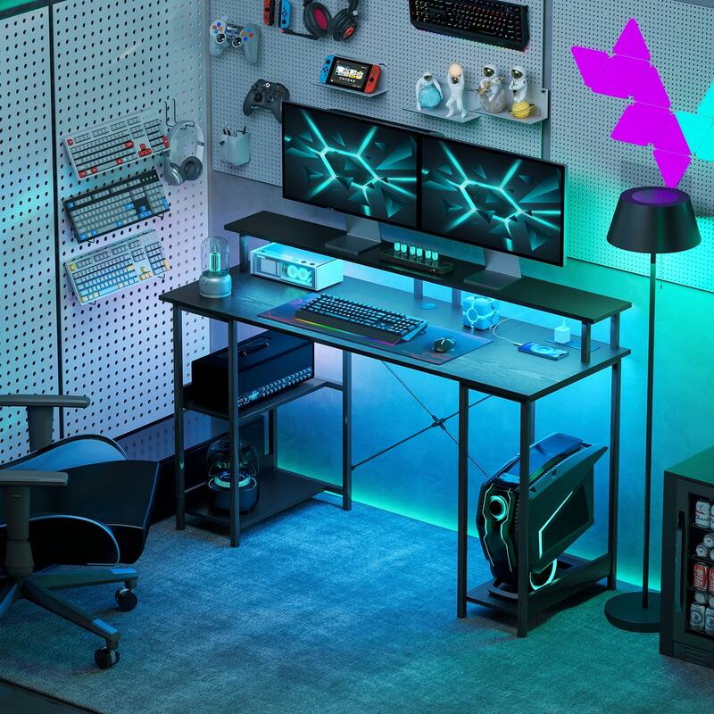 Particleboard and Steel Desk with RGB Lights Monitor Stand Shelves - 55.1" - Distressed Black