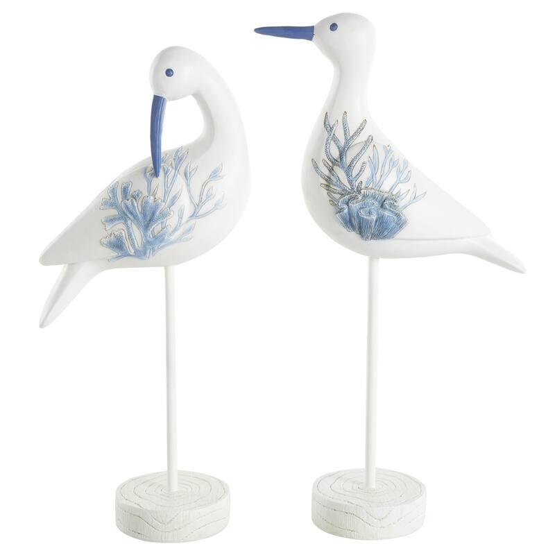 Polystone Bird Decorative Sculpture with Blue Coral Patterns and Wood Inspired Bases - Set of 2 White - Roche River Decor