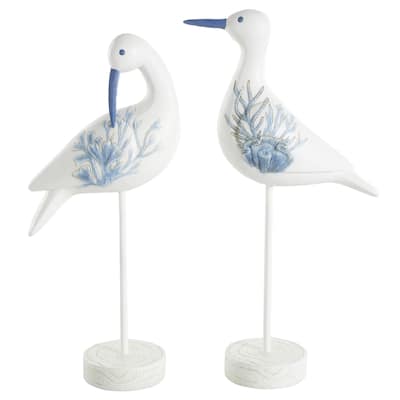 Polystone Bird Decorative Sculpture with Blue Coral Patterns and Wood Inspired Bases - Set of 2 White - Roche River Decor