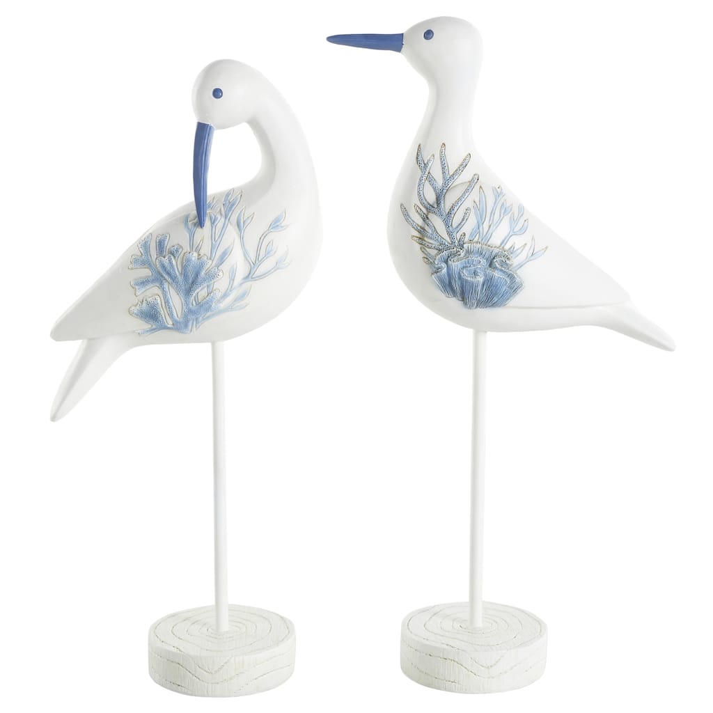 Polystone Bird Decorative Sculpture with Blue Coral Patterns and Wood Inspired Bases - Set of 2 White - Roche River Decor