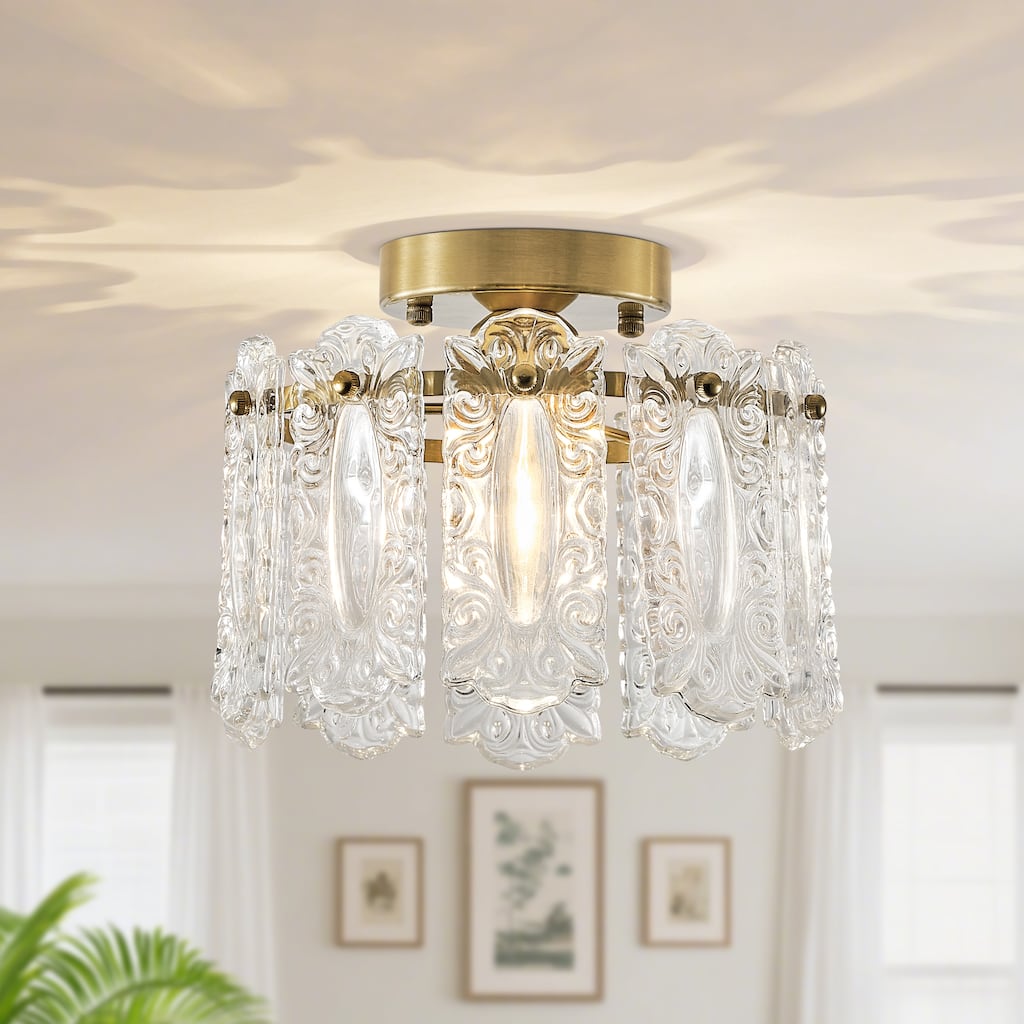 Starsky 1-Light Glass Drum Flush Mount with Textured Glass - Gold