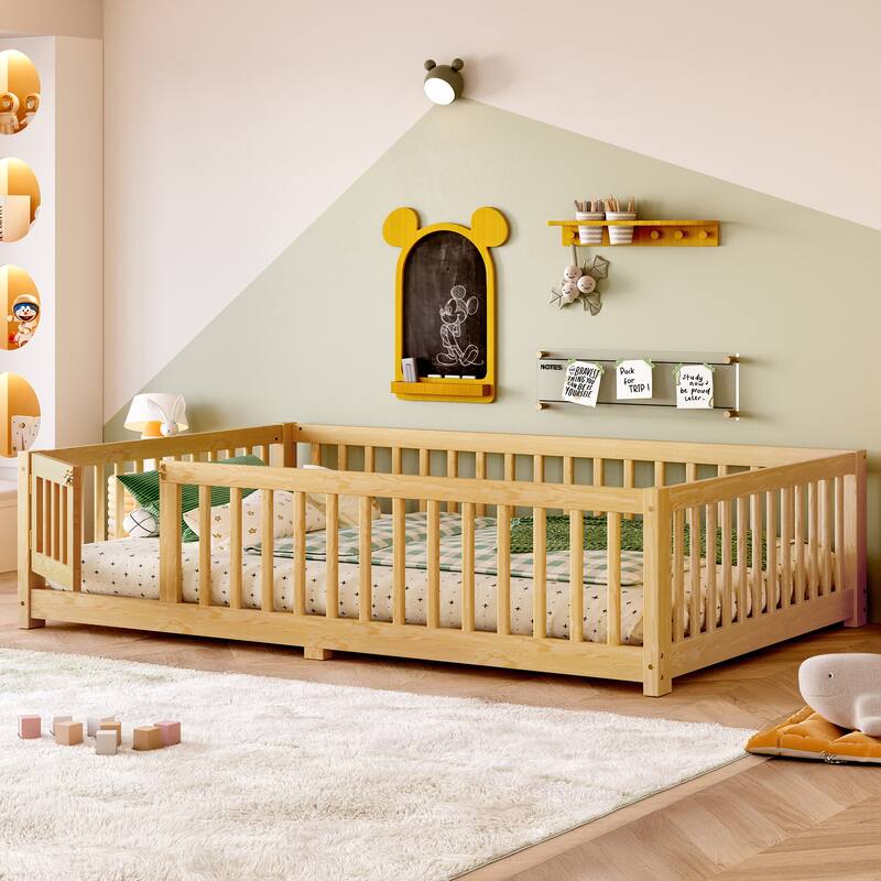 Wooden Floor Bed Frame with Safety Guardrail and Door, Kids Montessori Floor Beds, No Box Spring Needed