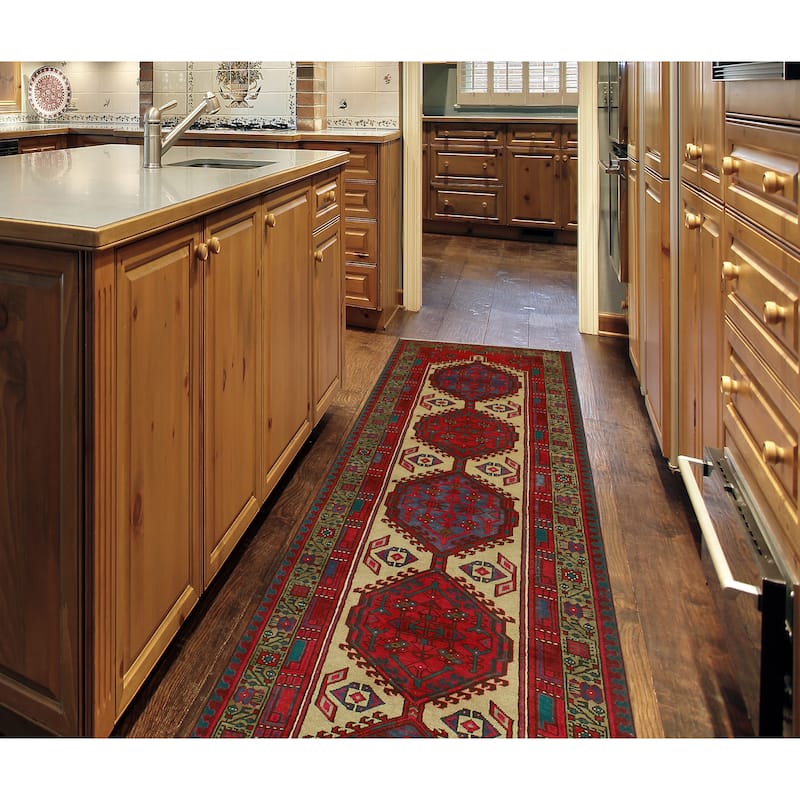 Fine Vintage Distressed Bushra Beige/Red Runner - 3'5" x 11'2"