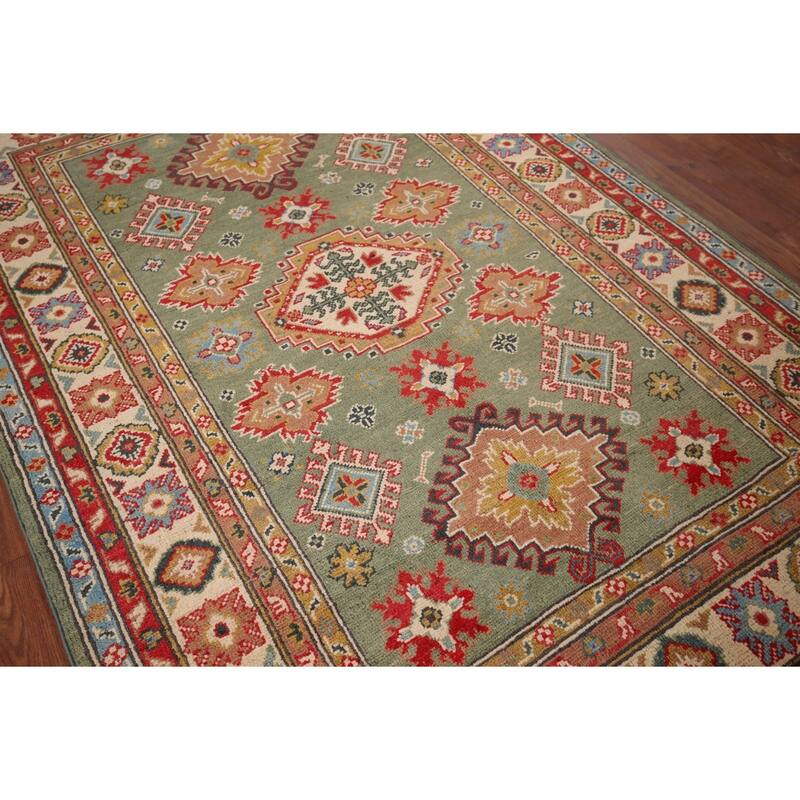 Hand Knotted Oriental 100% Wool Carpet Traditional Geometric Green Kazak Area Rug - 5' 11'' X 4' 0''