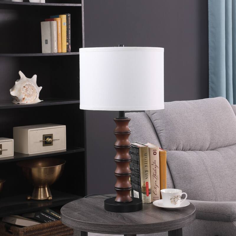 Dark Brown Polyresin Table Lamp with White Cotton Linen Drum Shade - 14” x 14” x 27.5” (D x W x H)