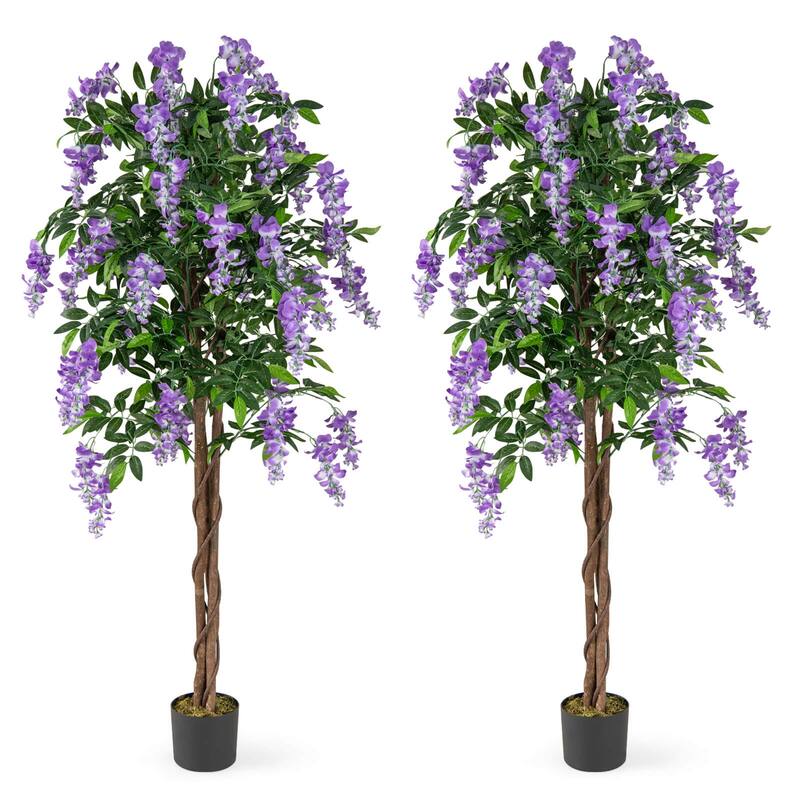 5.5FT Ficus Artificial Tree Faux Wisteria Tree in Nursery Pot - Green+Brown+Purple - 2 pcs