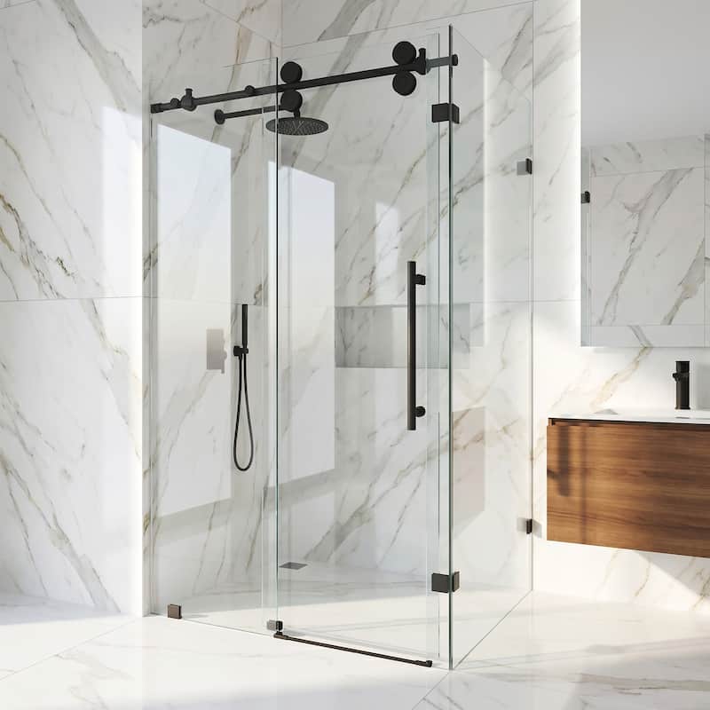 VIGO Winslow Frameless Sliding Shower Enclosure - 35"D x 46"W x 74"H - Matte Black