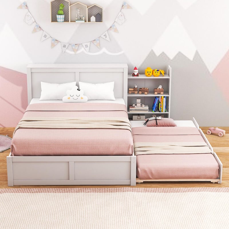 Gymax Full/Twin Wooden Platform Bed with Trundle Storage Headboard