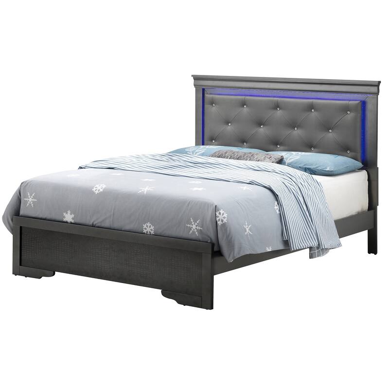 Jewel Tufted Metallic King Panel Bed with LED Lights - 85" - Black