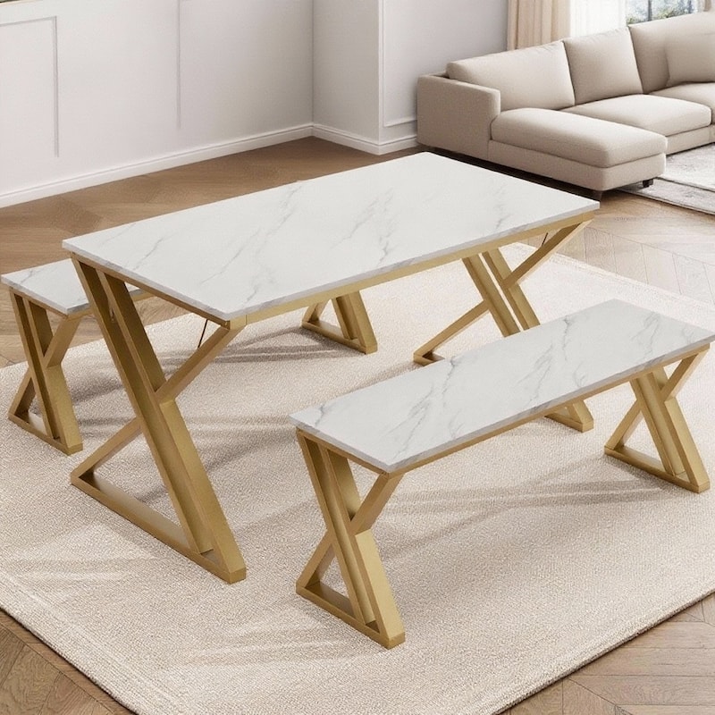 Kitchen Table Set , with X Metal Frame and Benches - Marble Panel