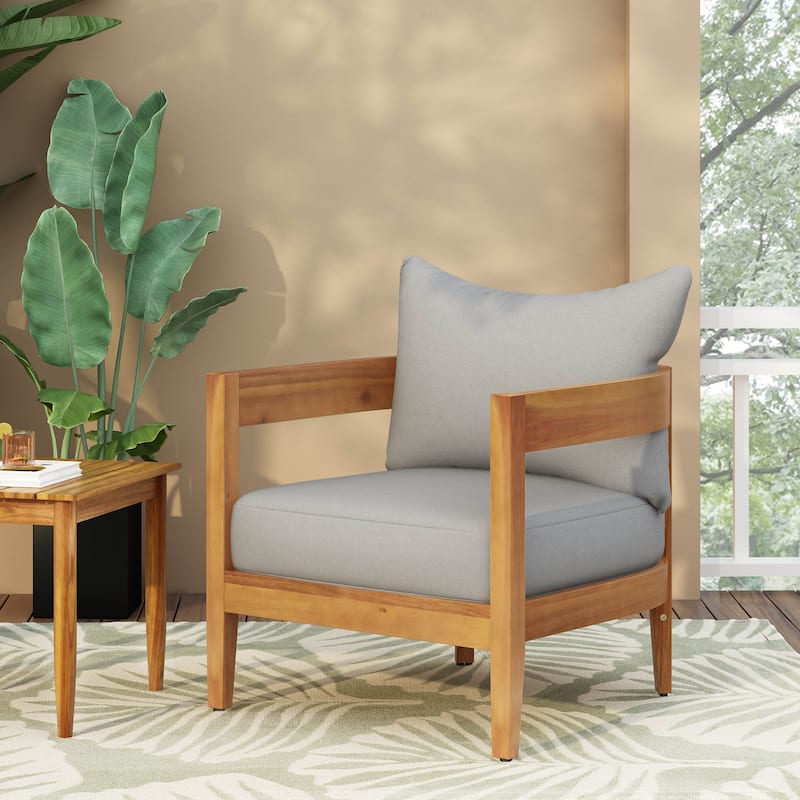 Brooklyn Acacia Wood Outdoor Club Chair with Cushions by Christopher Knight Home - Teak Finish+Gray Cushion