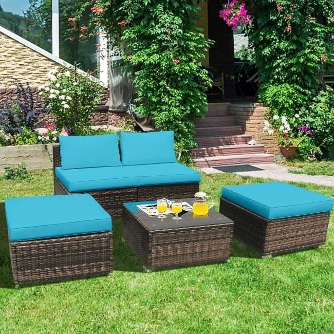 5 Pieces Wicker Lounge Chair Set with Washable Zippered Cushions - 26" x 26" x 13.5" (L x W x H)