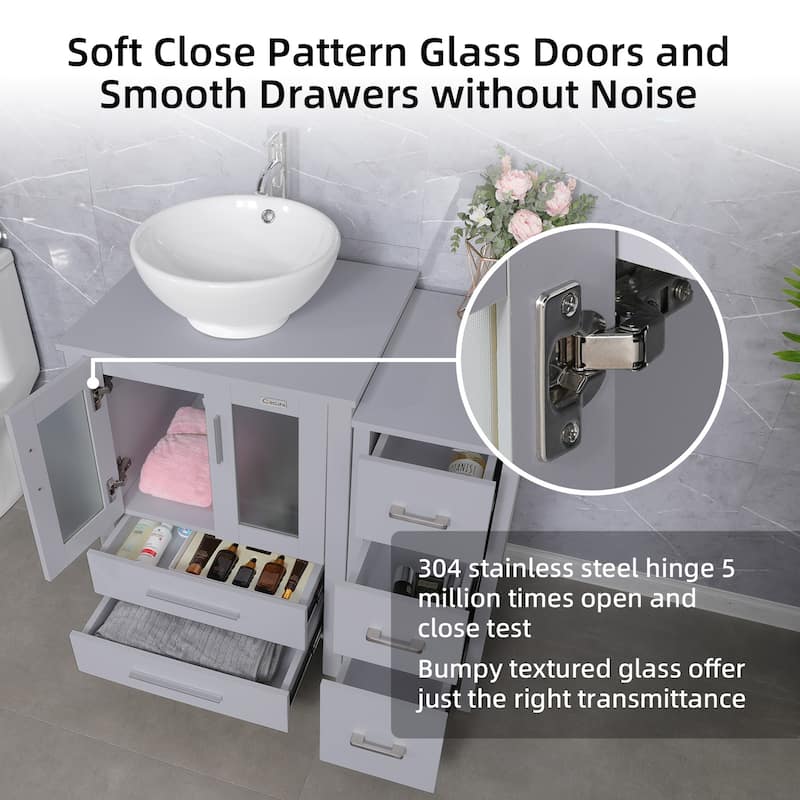 36" Bathroom Vanity Sink Gray Set with Side Cabinet Vessel Sink Mirror Faucet Combo