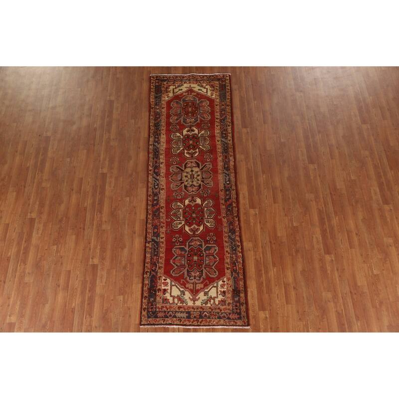Vegetable Dye Red Heriz Persian Vintage Runner Rug Handmade Carpet - 3'1"x 9'8"