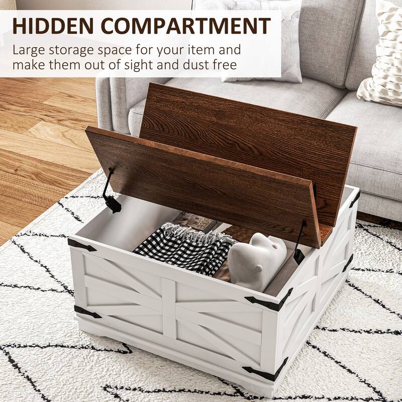 HOMCOM Farmhouse Coffee Table with Storage, Center Table with Hinged Lift Top and Hidden Space, Square Coffee Table