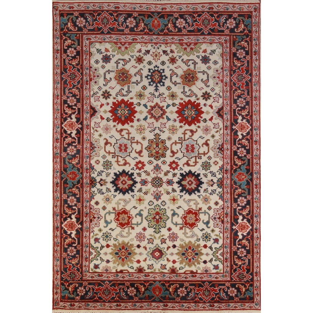 Hand Knotted Oriental 100% Wool Carpet Transitional Geometric Beige & Ivories Oushak Area Rug - 9' 1'' X 5' 11''